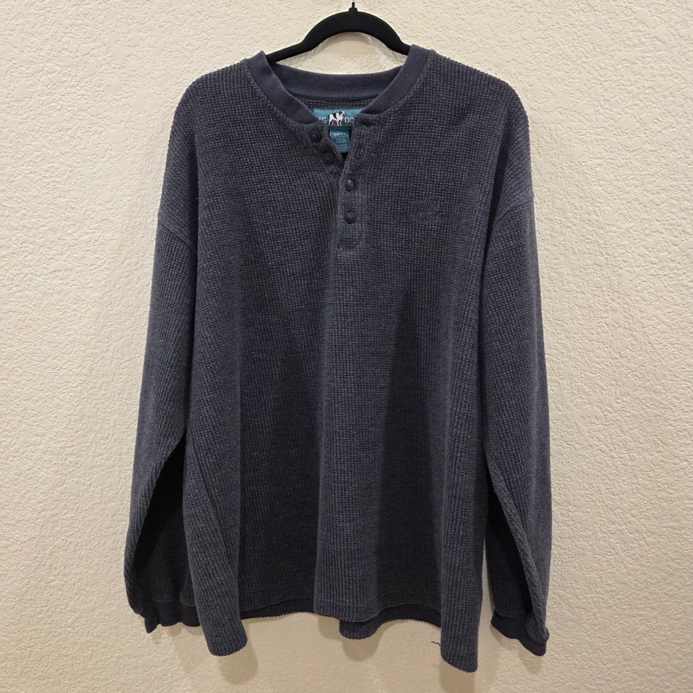 Big Dogs Mens XL Navy Blue Waffle Knit Long Sleeve Henley Shirt Embroidered Logo